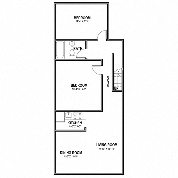 Floor plan for 2 beds, 1 bath, 750 sqft